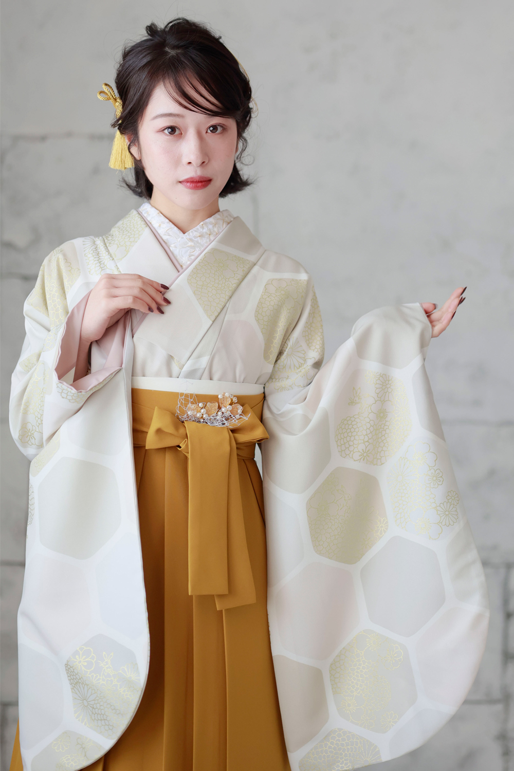 彩り亀甲 ホワイト x からし