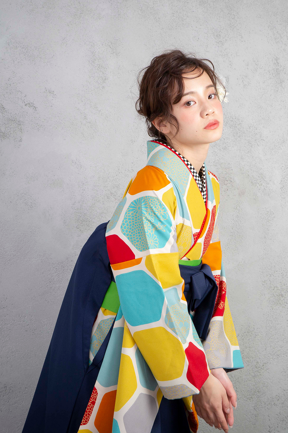 彩り亀甲 イエロー x 紺